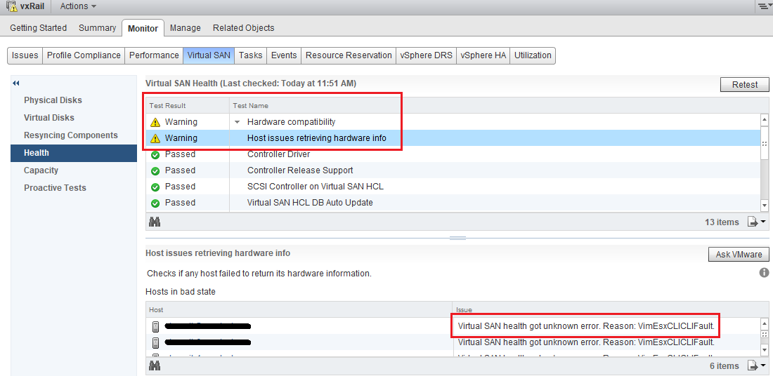 VxRail: 'Hardware Compatibility > Host issues retrieving ...