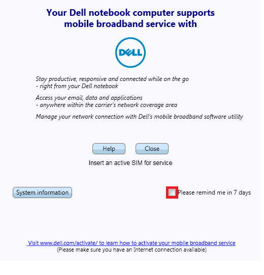 Dell Mobile Broadband Activation Reminder PopUp Dell Canada