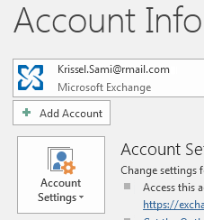 Image depicts the Account Info screen in Outlook 2016