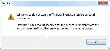 Windows Impossibile avviare il servizio Registro eventi Windows sul computer locale. Error 1079