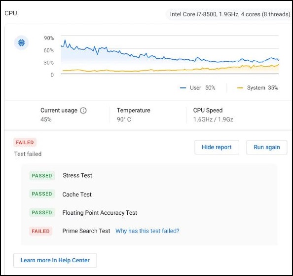 Test Diagnostika baterie v systému Chrome OS