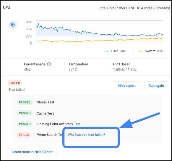 Resultados de las pruebas de diagnóstico de la batería del SO Chrome