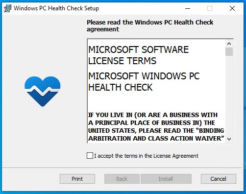 Hình ảnh mô tả thỏa thuận cấp phép thiết lập Windows PC Health Check.