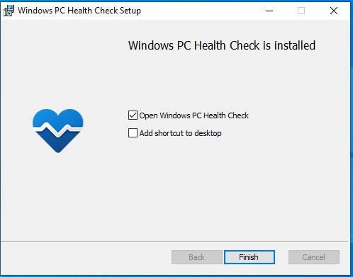 Hình ảnh mô tả quá trình cài đặt PC Health Check thành công.