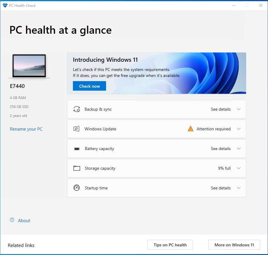 Hình ảnh mô tả ứng dụng PC Health Check và nút Kiểm tra ngay.