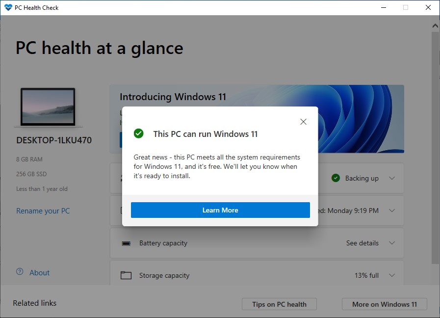 Hình ảnh mô tả PC Health Check cho biết, "PC này có thể chạy Windows 11".