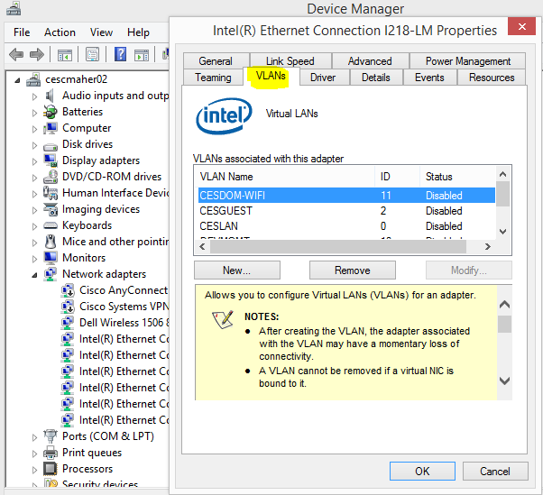 Intel Ethernet Connection I218 V Treiber V ovladači Intel I218-LM Ethernet chybí karta sítě VLAN na Latitude