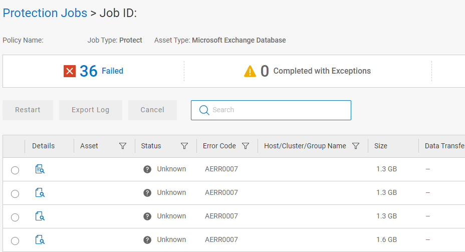 PowerProtect Data Manager Exchange Database backup show Unknown