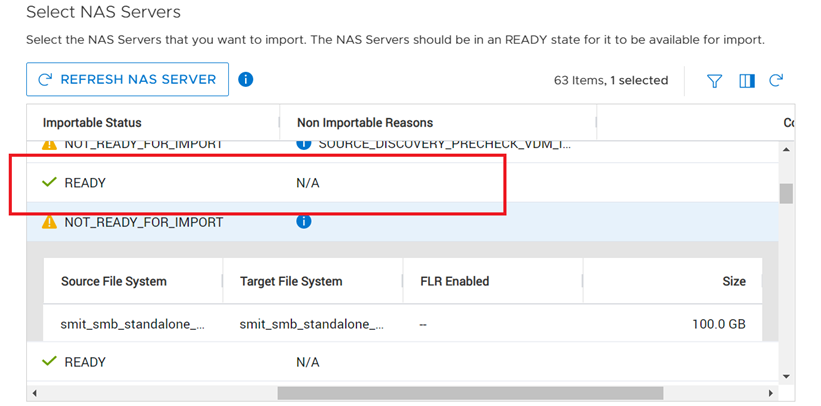 PowerStoreで[Ready]および[Non Importable Reason]として[Empty]としてインポート可能ステータスのスクリーンショット