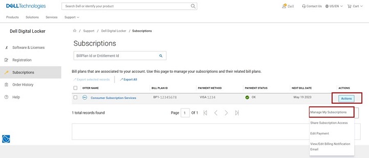 Cliquez sur Actions, puis sur Manage Subscriptions (Gérer les abonnements).