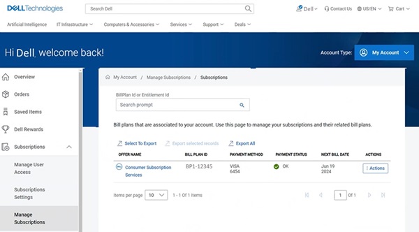 Dell-kontokontrollpanel