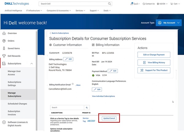 Abonnementsdetaljer for Dell-produktet ditt