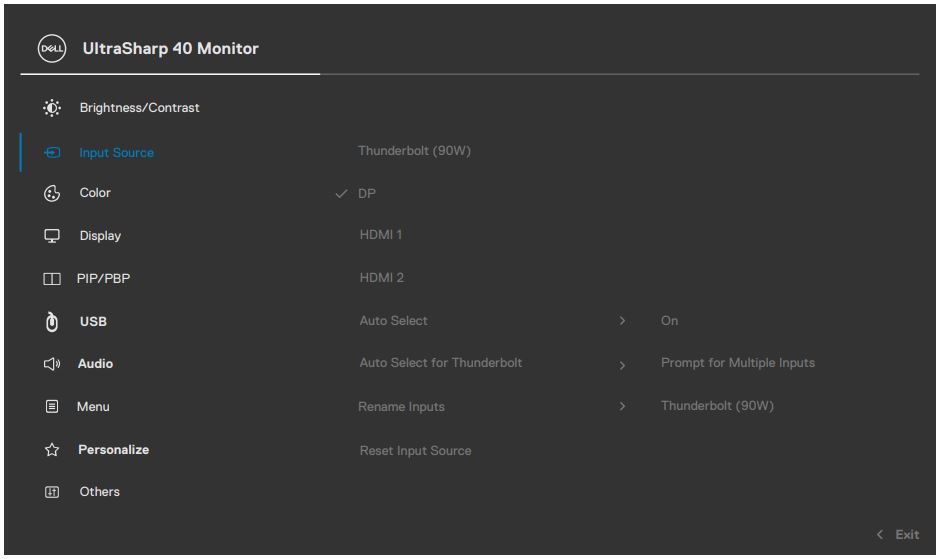 UltraSharp 40 OSD Menu: Input Source settings