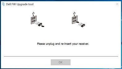 Siga las instrucciones que aparecen en pantalla y vuelva a conectar el dongle/receptor