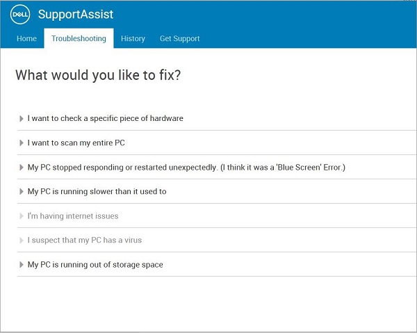 SupportAssist 中的“Troubleshooting”选项卡