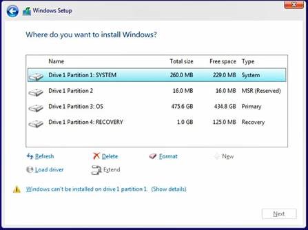 Windows-installation – drevene er synlige