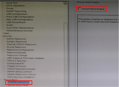 禁用 BIOS 中的 Secure Boot Enable