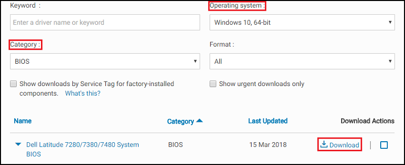 Pagina di download del BIOS dell.com/support