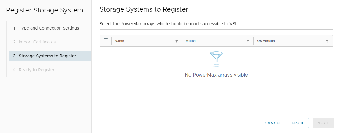 Arrays are not visible in the Register Storage System wizard