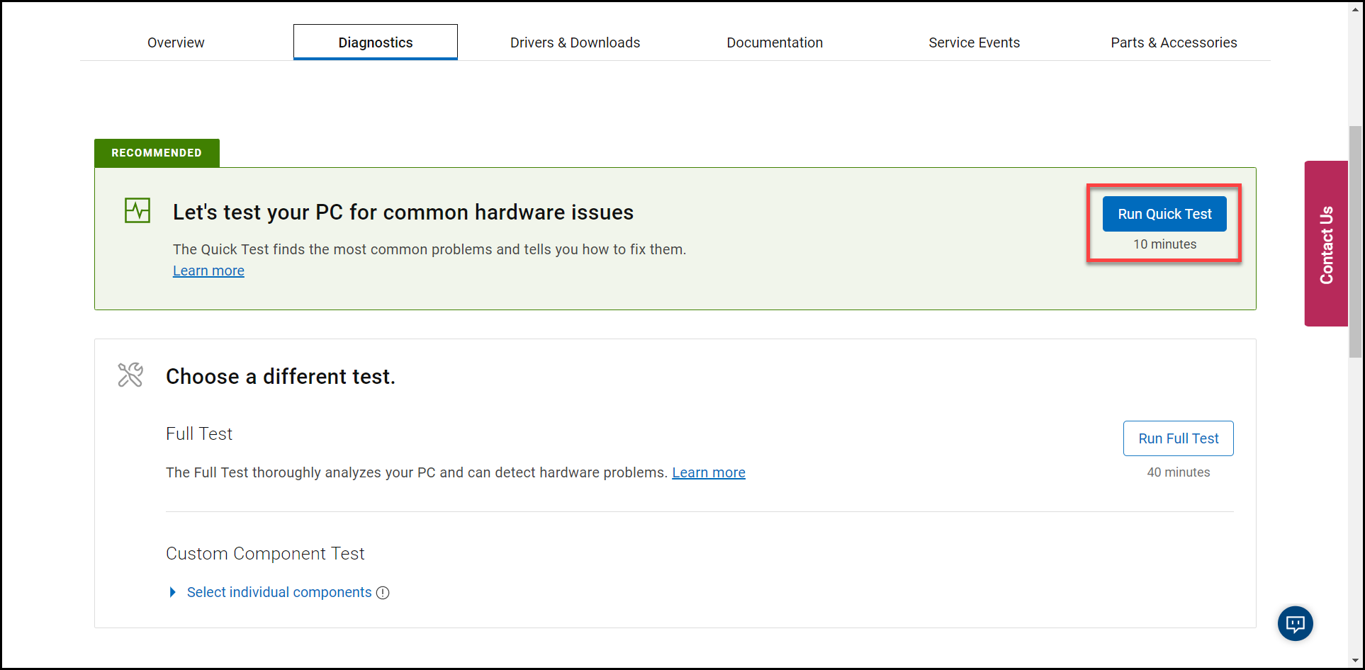Screenshot of the Run Quick Test button on the Dell Support website