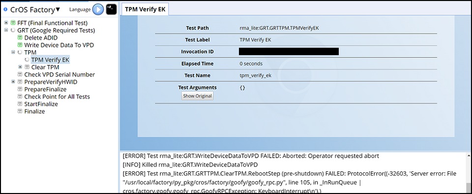 Fábrica do ChromeOS, verifique a EK no TPM