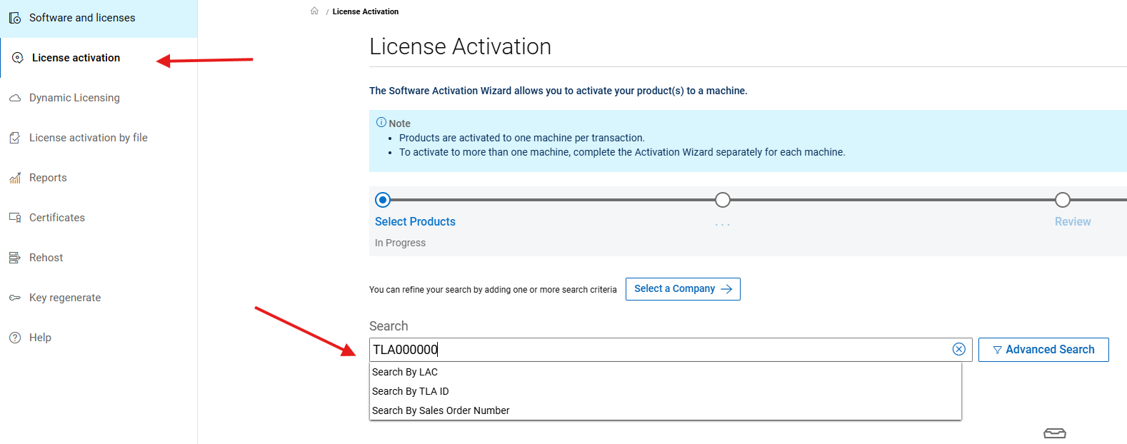 Entering TLA LAC to activate licenses from TLA in SLC