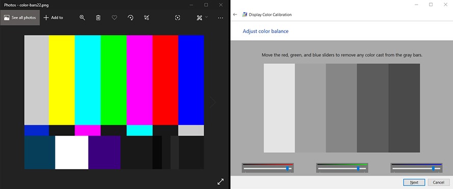 Adjust color balance screen in the Display color calibration utility in Windows 11 and Windows 10