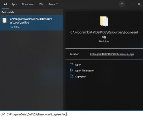 Go to C:\ProgramData\Dell\D3\Resources\Logs\serilog