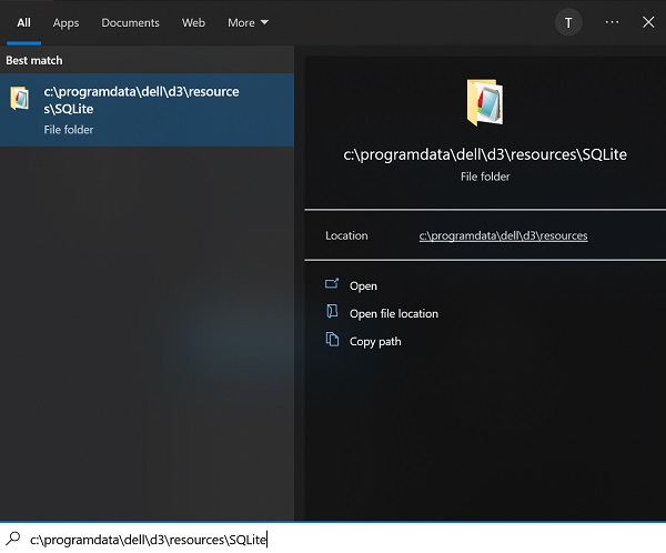 Go to c:\programdata\dell\d3\resources\SQLite