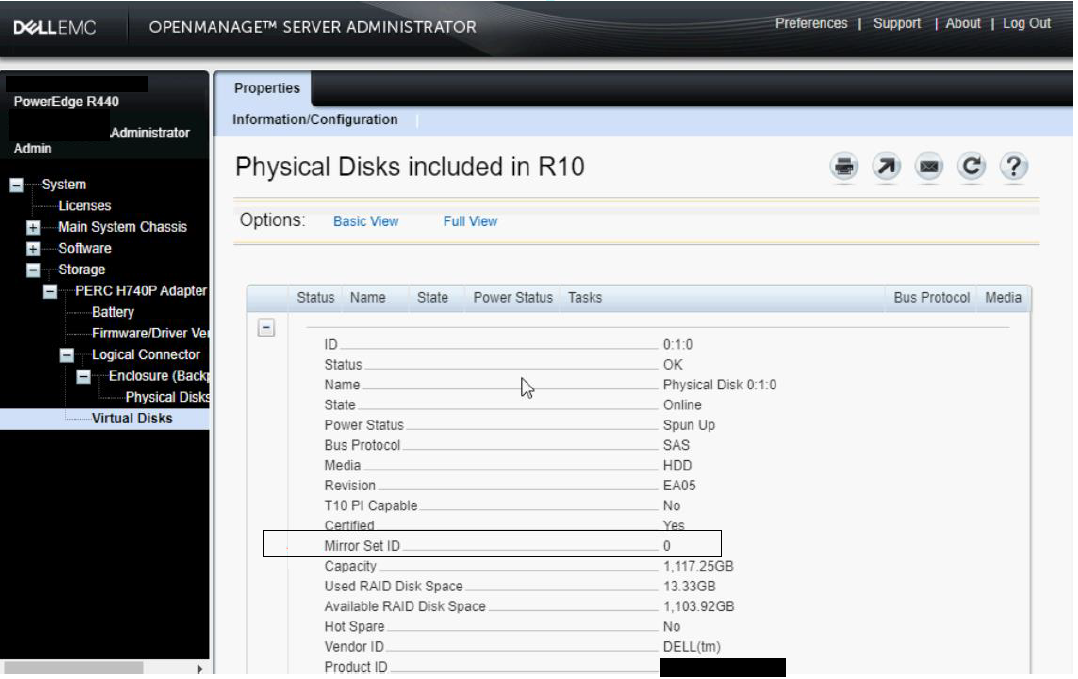 PowerEdge RAID 10 Mirror Set ID for PowerEdge RAID Controller 9 and