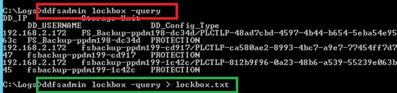 Näyttökuva komennon ddfsadmin lockbox -query tuloksista