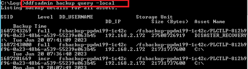 Schermafbeelding van resultaten voor opdracht ddfsadmin back-up query -local