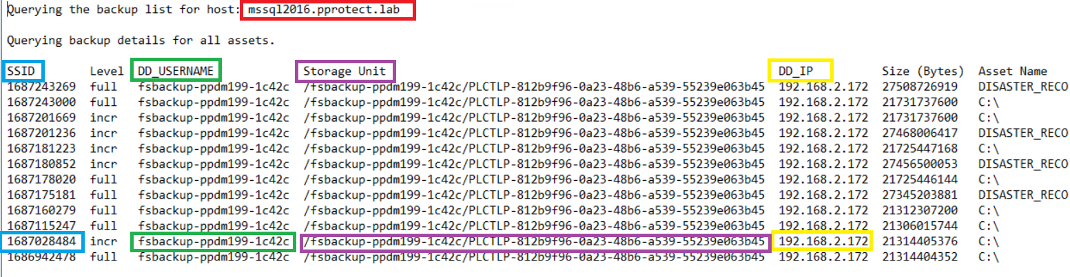 Schermafbeelding van details voor ddfsadmin-opdrachtquery's