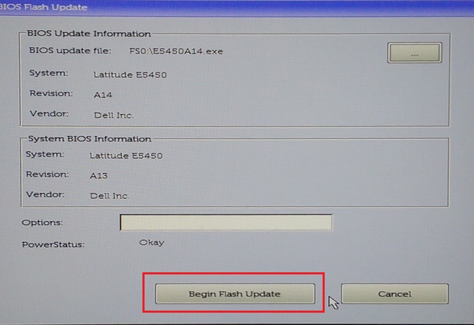 clic sur le bouton begin flash update