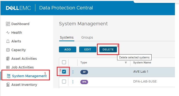 Capture d’écran de l’écran System Management avec suppression du système concerné