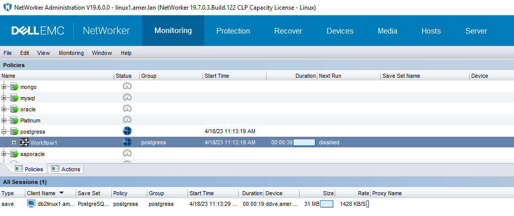 O backup do workflow conclui com sucesso todas as sessões