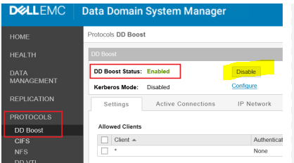Assicurarsi che DD Boost Status (Stato DD Boost) sia impostato su Disable (Disabilitato)