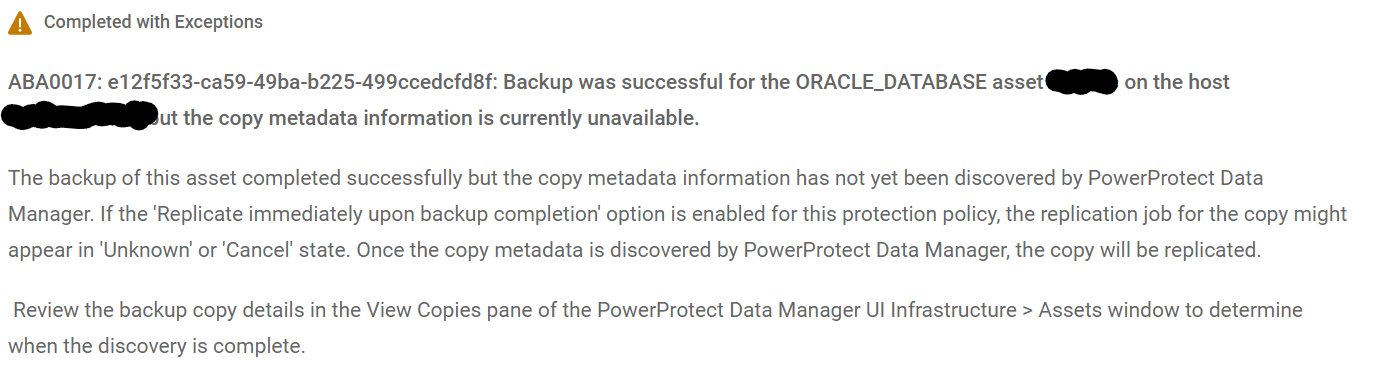已完成并显示“Exceptions”消息