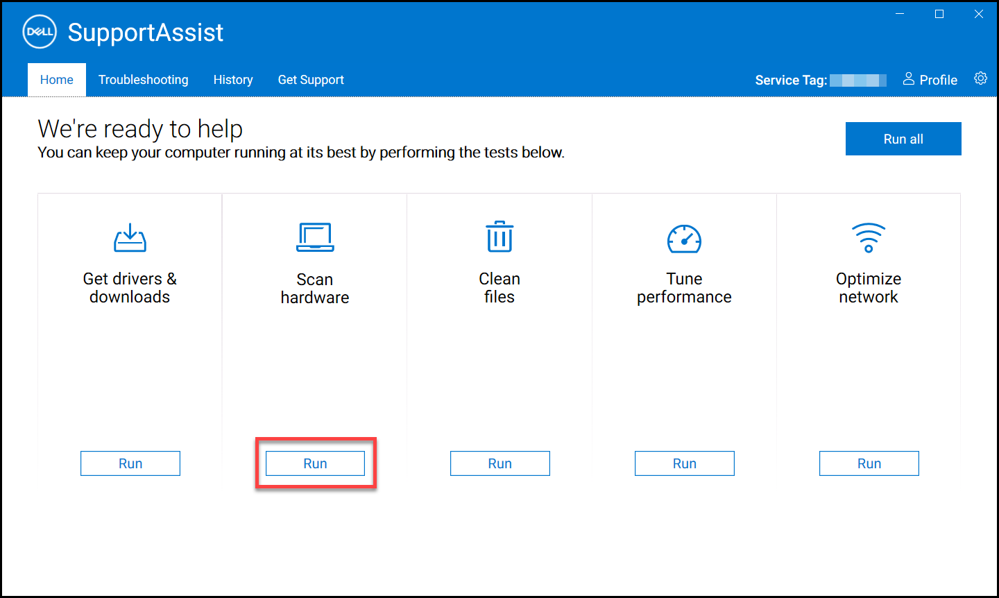 Captura de tela do botão Executar em Verificar hardware
