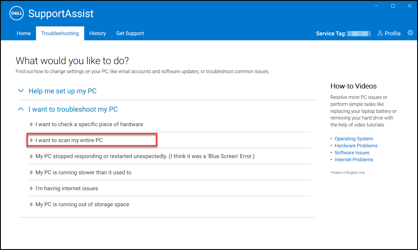Snímek obrazovky s možností „I want to scan my entire PC“
