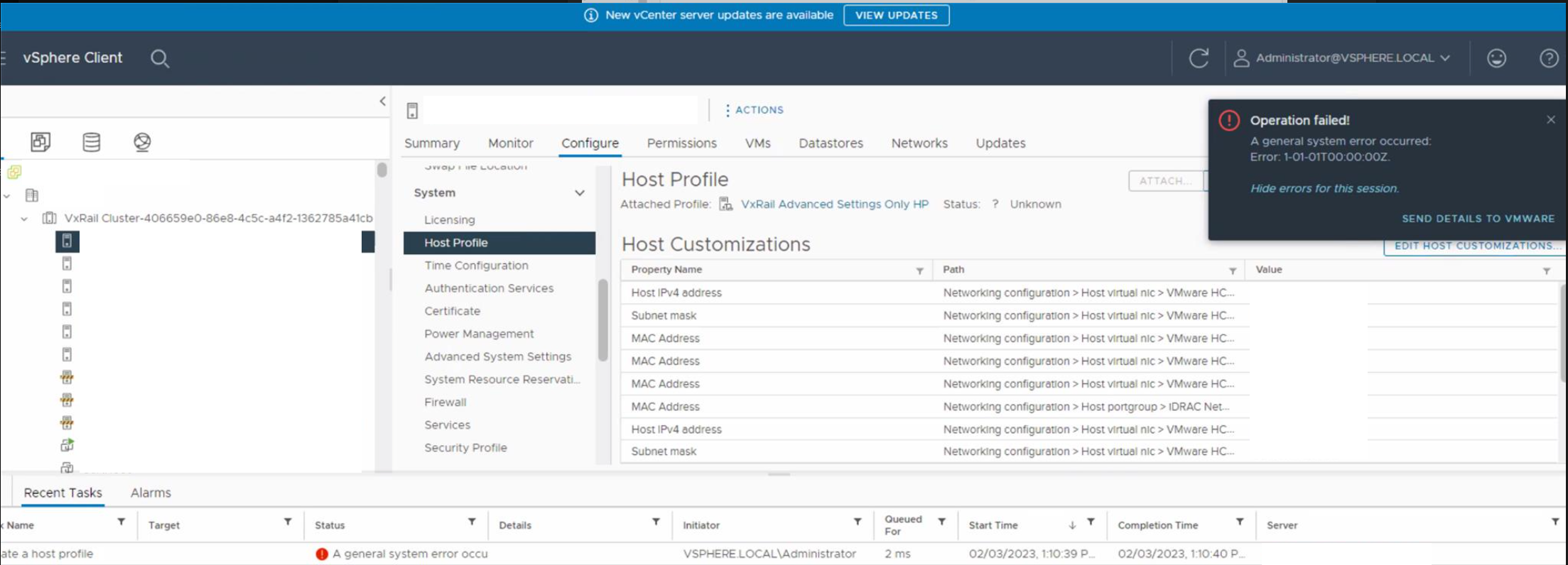 Operazione del profilo host 7.0.410 non riuscita