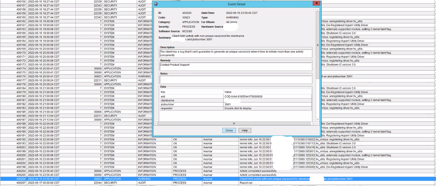 Informasjon om MCS-hendelse