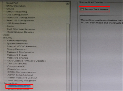 Отключение параметра «Secure Boot Enable» в BIOS