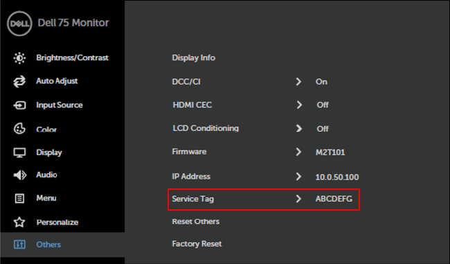 C7520QT Service Tag Location in the On Screen Menu