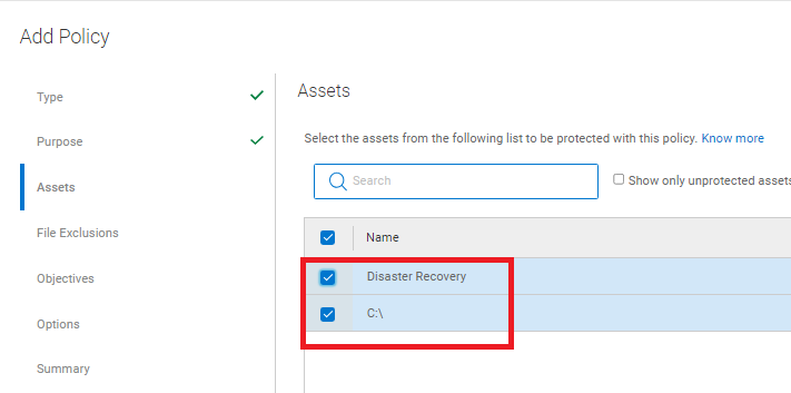 Asset da includere nella policy di protezione