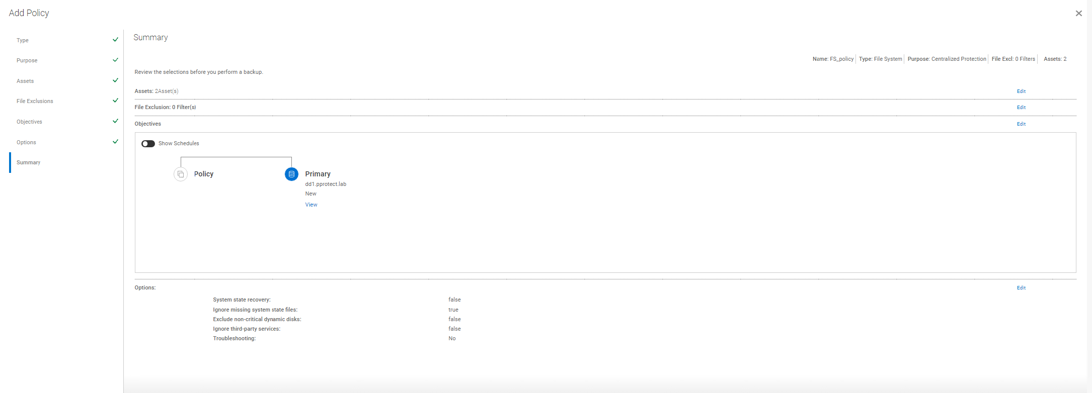 Summary 탭, 정책 설정 검토 및 구성 완료