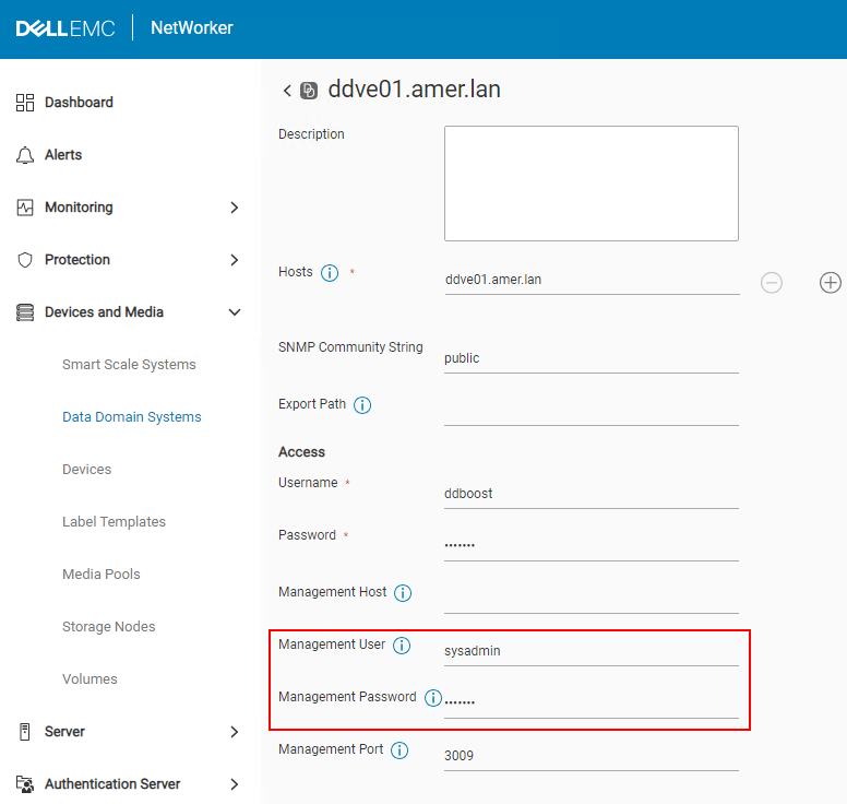 Add the Data Domain user and password