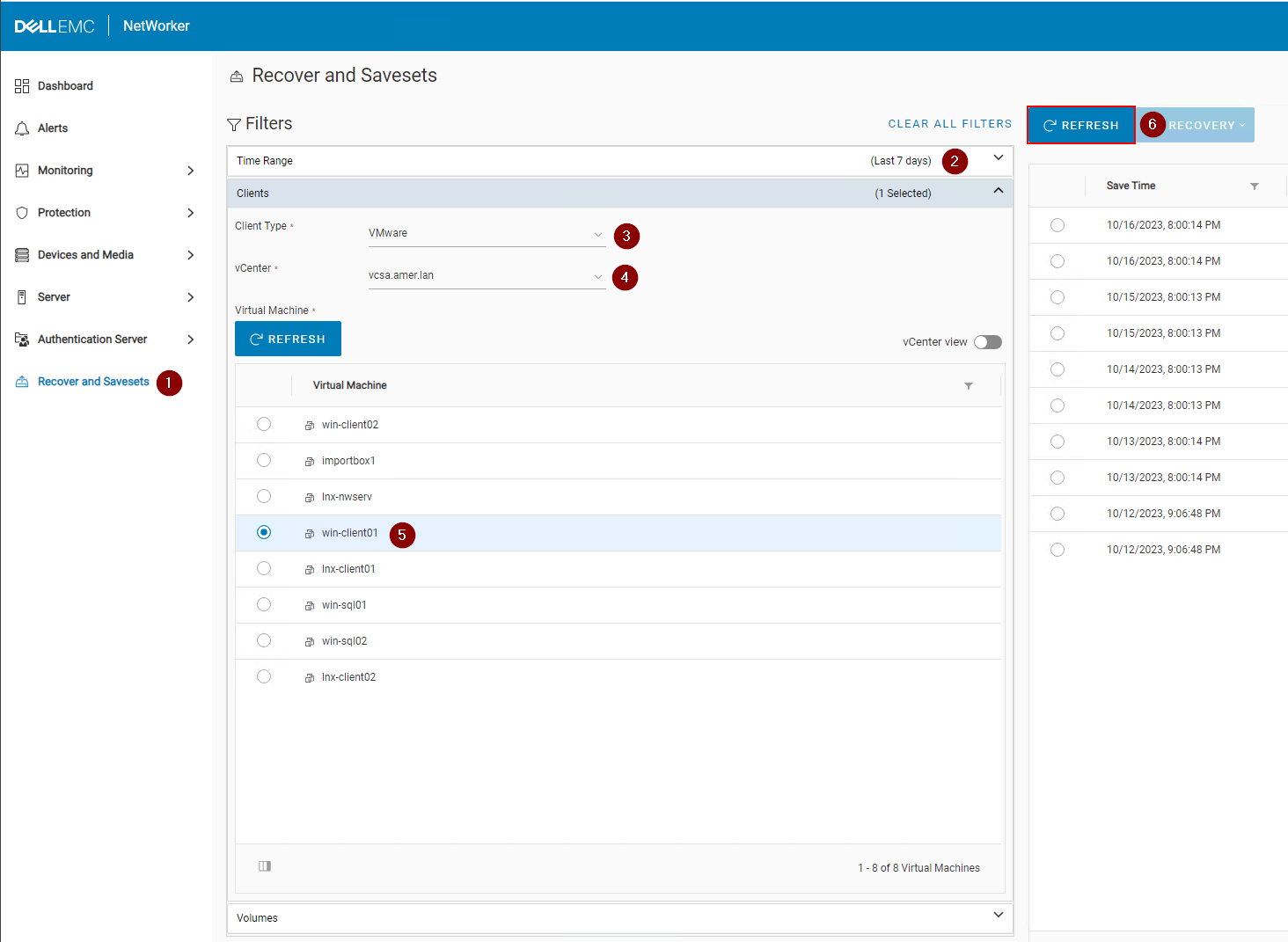 Clique em Refresh para preencher uma lista de backups e clones