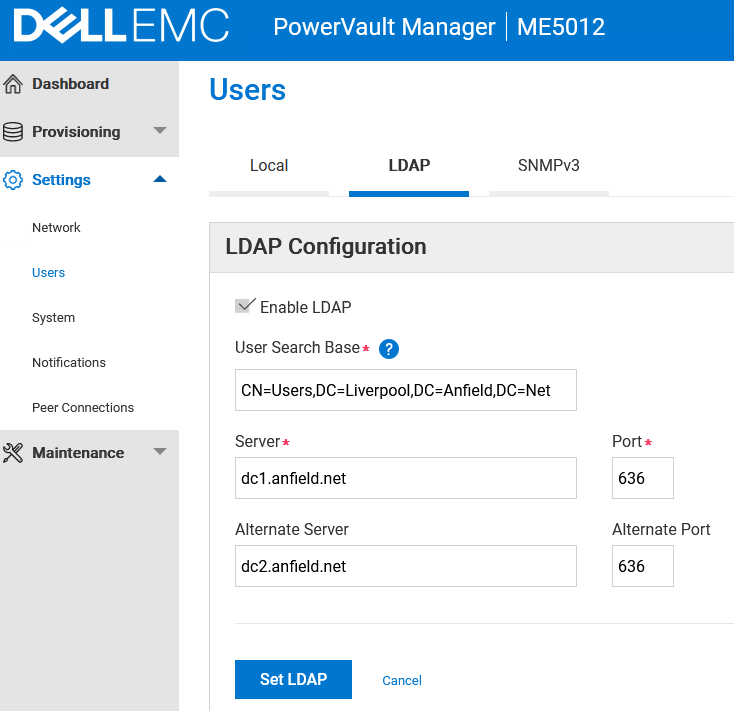 PowerVault Manager - LDAP-konfiguration