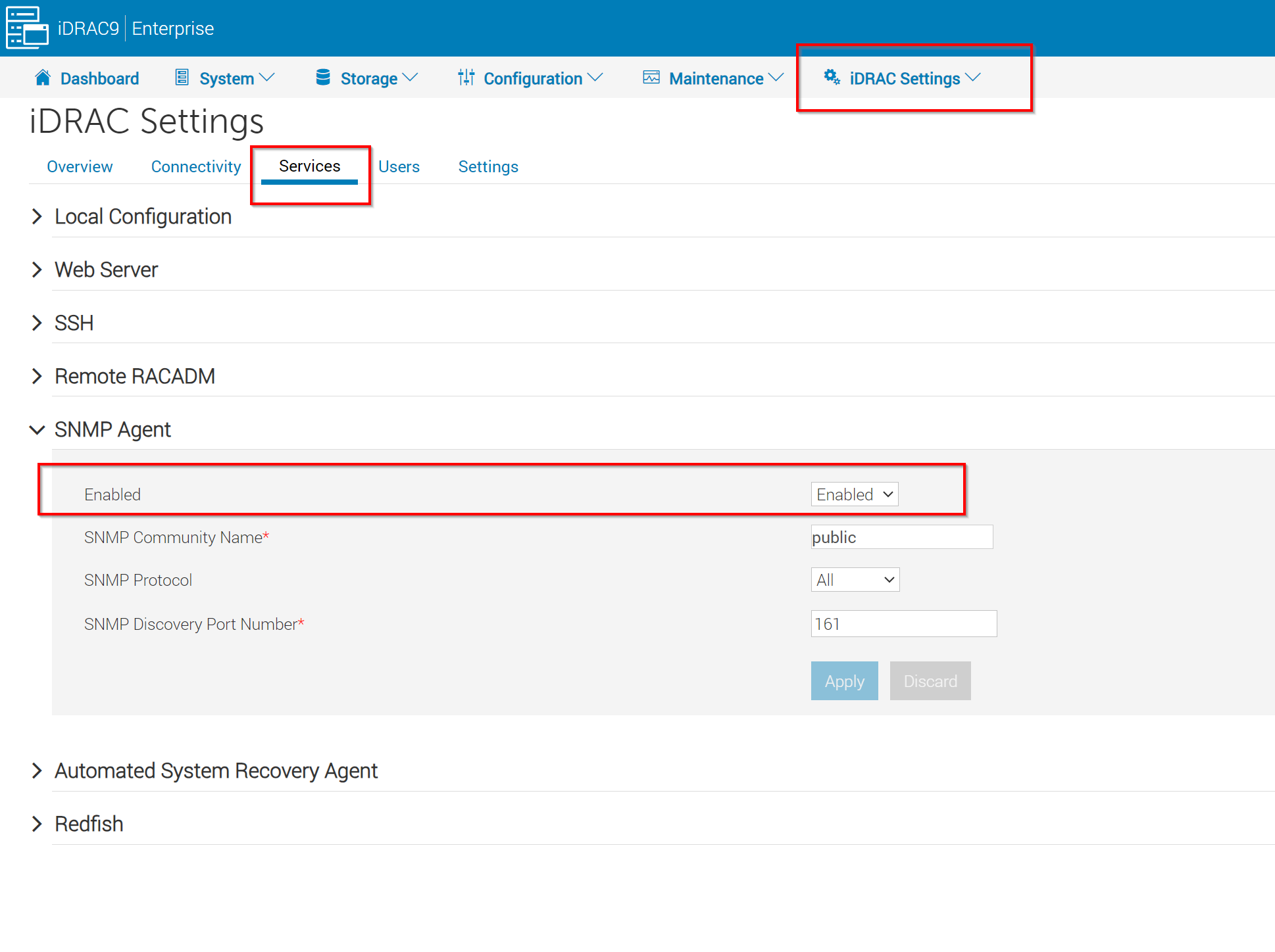 Schermafbeelding van iDRAC-instellingen om de SNMP-agent uit te schakelen.